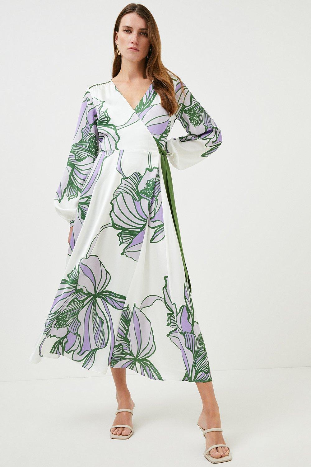 Graphic Floral Wrap Woven Midi Dress ...